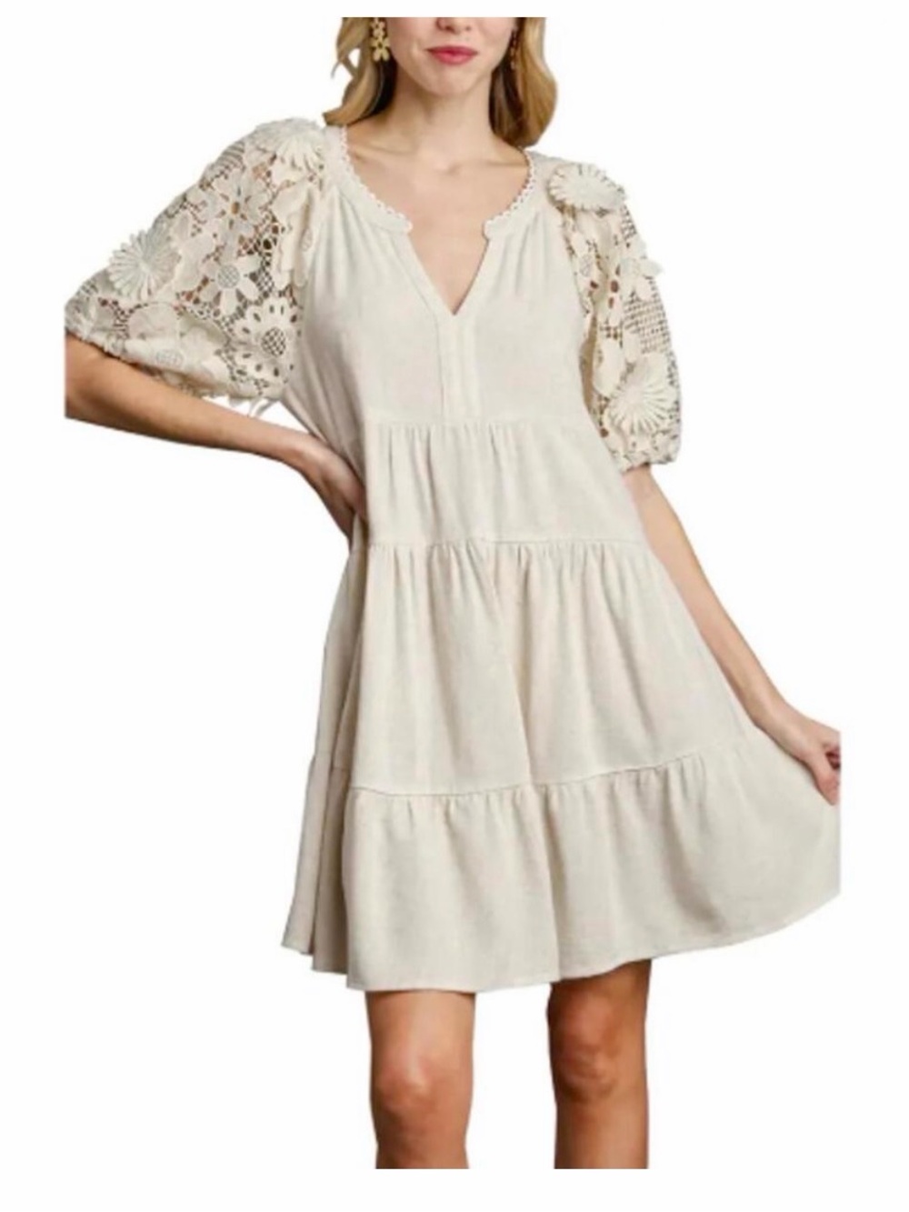 Umgee Cream Crochet Sleeve Tiered linen-blend Dress - Picture 6 of 6